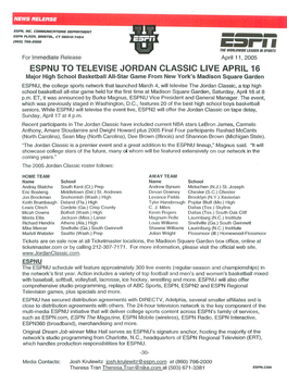 ESPNU to TELEVISE JORDAN CLASSIC LIVE APRIL 16 Major High School Basketball All-Star Game from New York's Madison Square Garden
