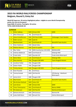 2015 FIA WORLD RALLYCROSS CHAMPIONSHIP Belgium, Round 3, Entry List