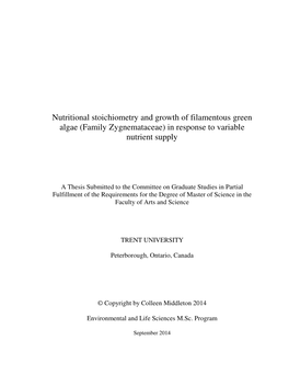 Nutritional Stoichiometry and Growth of Filamentous Green Algae (Family Zygnemataceae) in Response to Variable Nutrient Supply