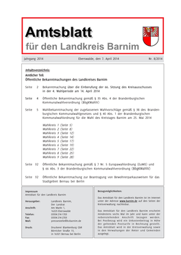 Inhaltsverzeichnis: Amtlicher Teil: Öffentliche Bekanntmachungen Des Landkreises Barnim