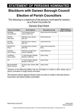 STATEMENT of PERSONS NOMINATED Blackburn with Darwen Borough Council Election of Parish Councillors