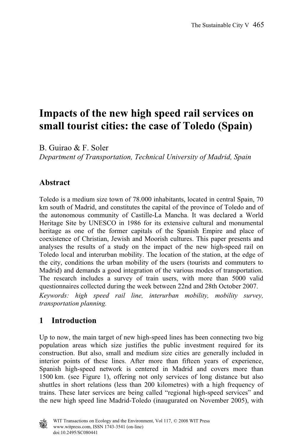 Impacts of the New High Speed Rail Services on Small Tourist Cities: the Case of Toledo (Spain)