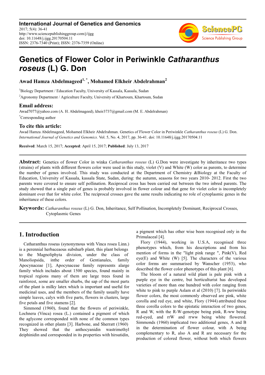 Genetics of Flower Color in Periwinkle Catharanthus Roseus (L) G. Don