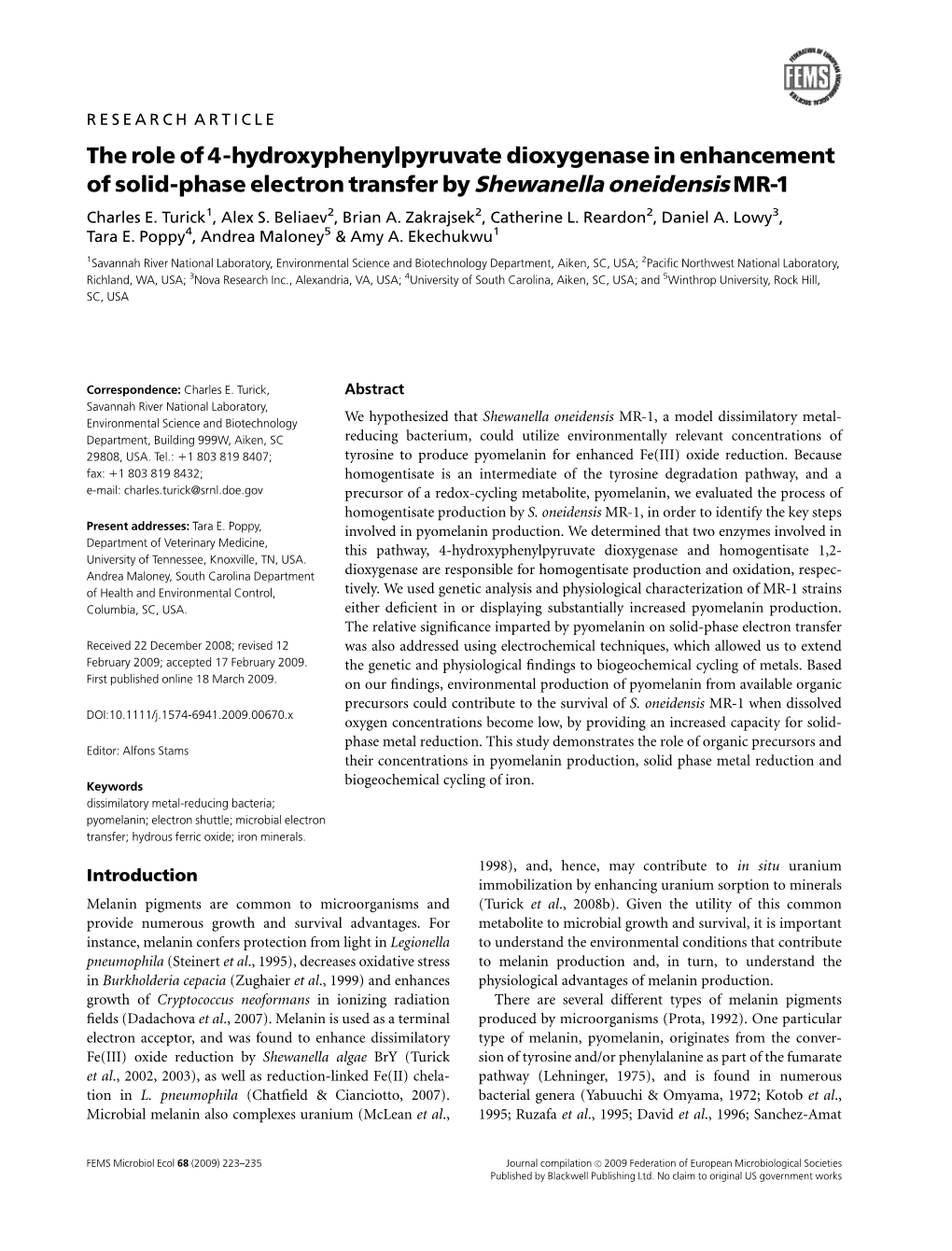 The Role of 4-Hydroxyphenylpyruvate Dioxygenase in Enhancement of Solid-Phase Electron Transfer by Shewanella Oneidensis MR-1 Charles E