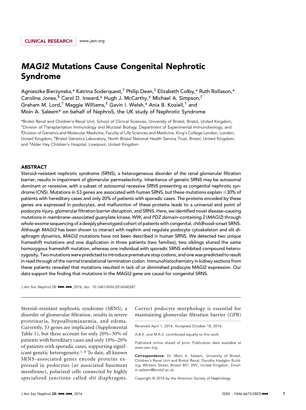 MAGI2 Mutations Cause Congenital Nephrotic Syndrome