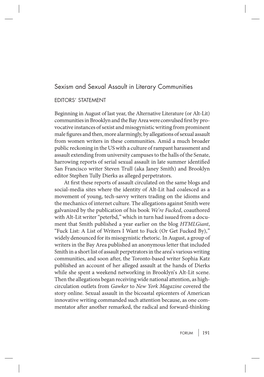 Sexism and Sexual Assault in Literary Communities Editors’ Statement