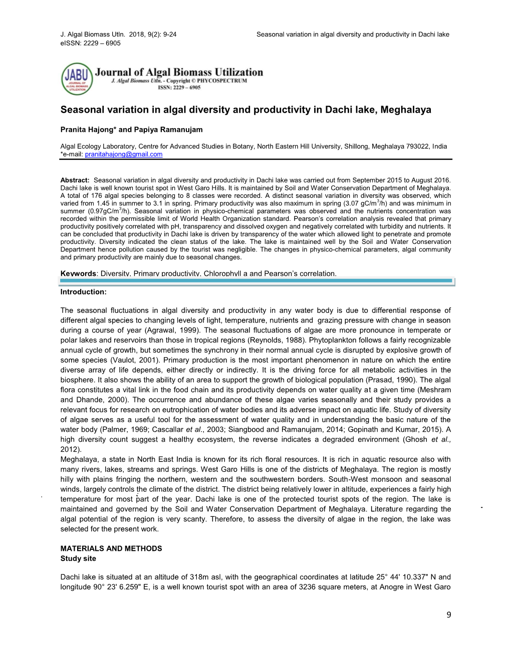 Seasonal Variation in Algal Diversity and Productivity in Dachi Lake, Meghalaya