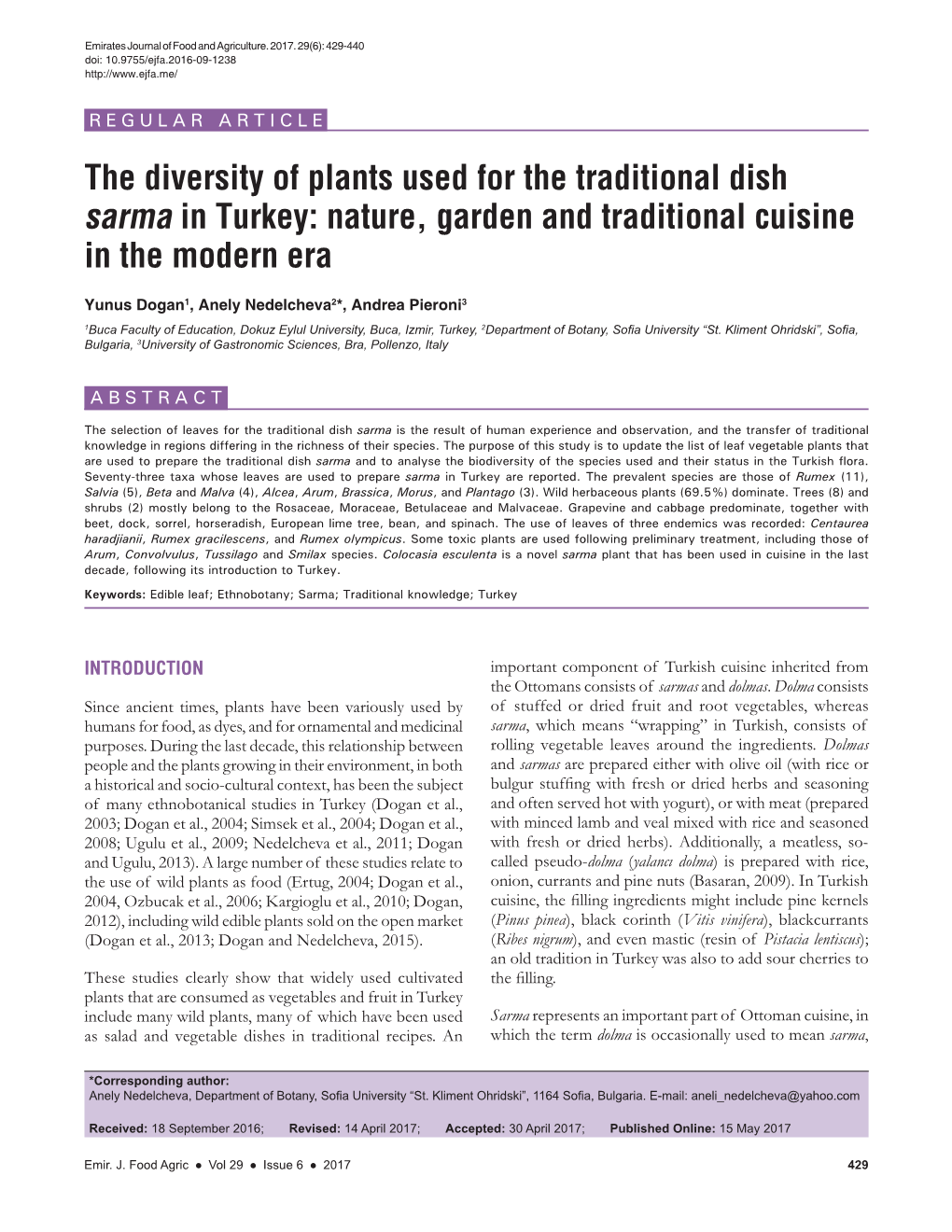 The Diversity of Plants Used for the Traditional Dish Sarma in Turkey: Nature, Garden and Traditional Cuisine in the Modern Era