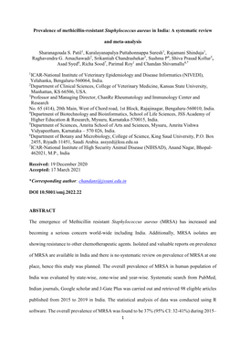 Prevalence of Methicillin-Resistant Staphylococcus Aureus in India: a Systematic Review
