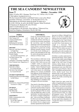 The Sea Canoeist Newsletter the SEA CANOEIST NEWSLETTER Issue 77 October - November 1998 Editor: P Caffyn, RD 1, Runanga