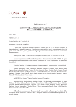 Deliberazione N. 47 ESTRATTO DAL VERBALE DELLE DELIBERAZIONI DELL'assemblea CAPITOLINA