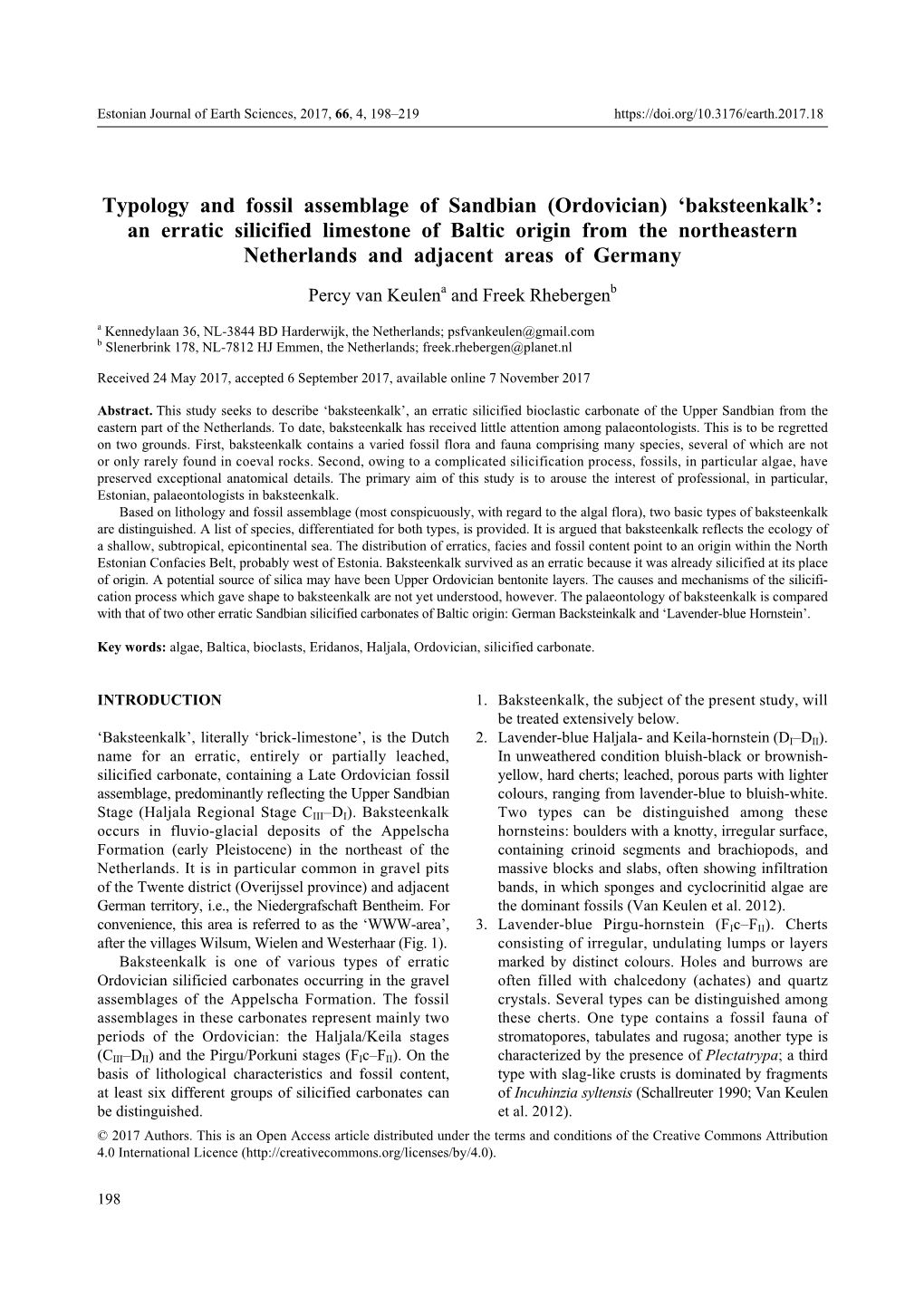 Ordovician) ‘Baksteenkalk’: an Erratic Silicified Limestone of Baltic Origin from the Northeastern Netherlands and Adjacent Areas of Germany