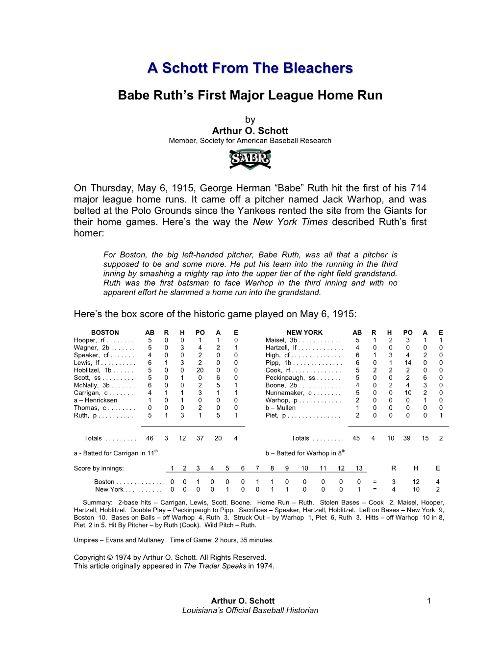 Babe Ruth's First Major League Home