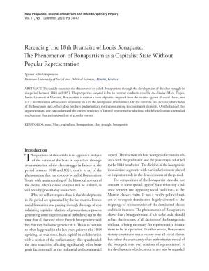 Rereading the 18Th Brumaire of Louis Bonaparte: the Phenomenon of Bonapartism As a Capitalist State Without Popular Representation