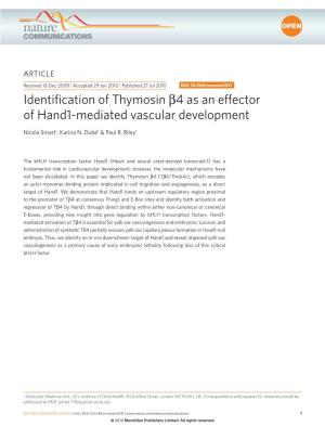 Identification of Thymosin &Beta;4 As an Effector of Hand1-Mediated Vascular Development
