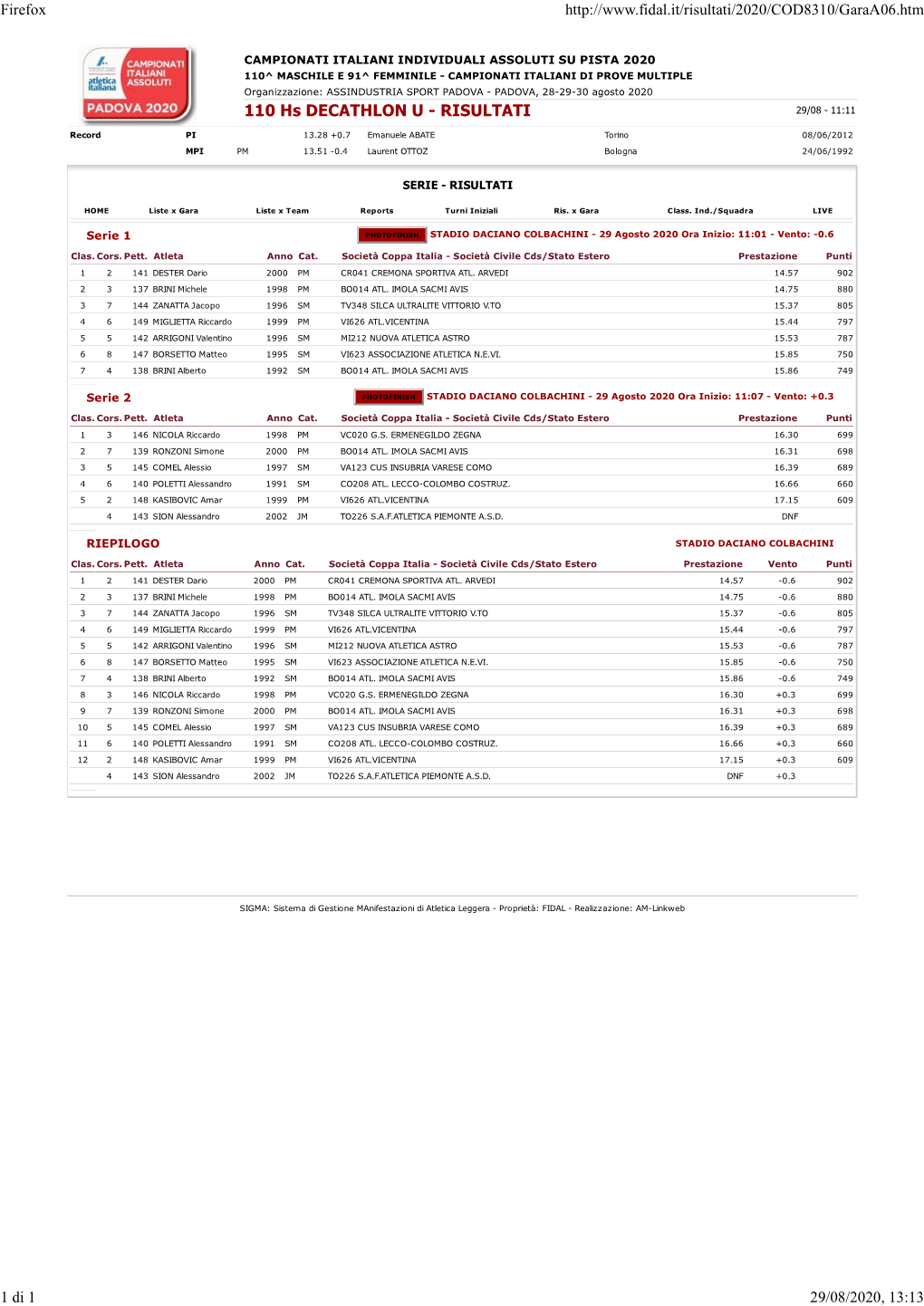 110 Hs DECATHLON U - RISULTATI 29/08 - 11:11