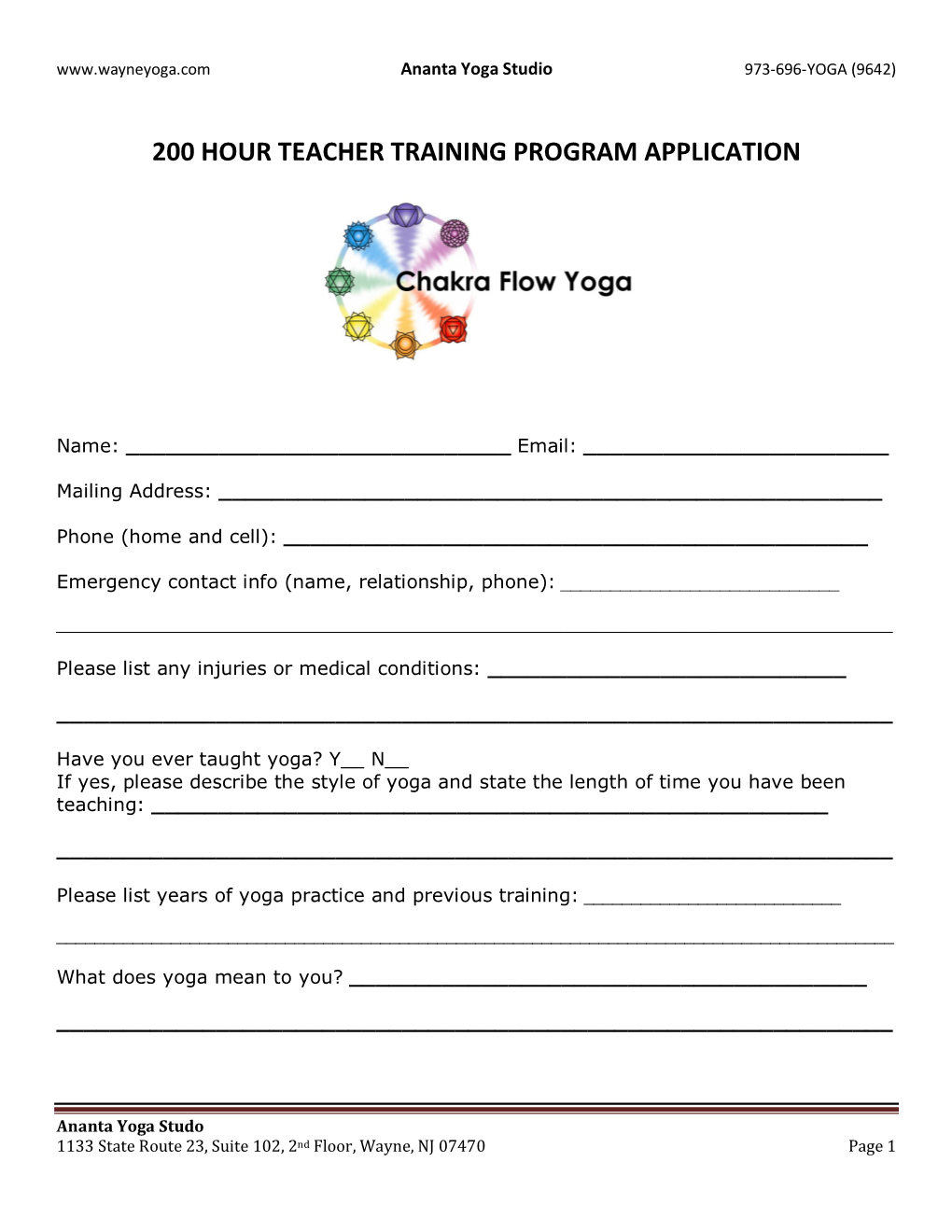 200 Hour Teacher Training Program Application