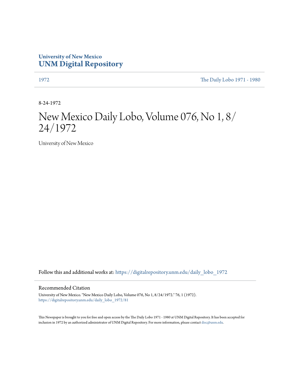 New Mexico Daily Lobo, Volume 076, No 1, 8/24/1972." 76, 1 (1972)