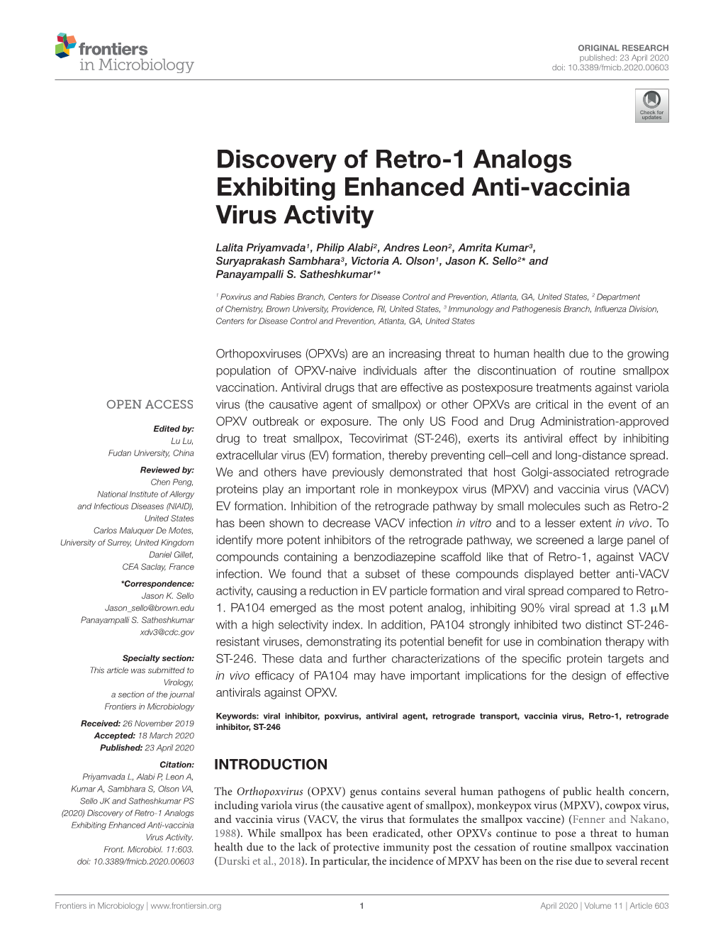 Discovery of Retro-1 Analogs Exhibiting Enhanced Anti-Vaccinia Virus Activity