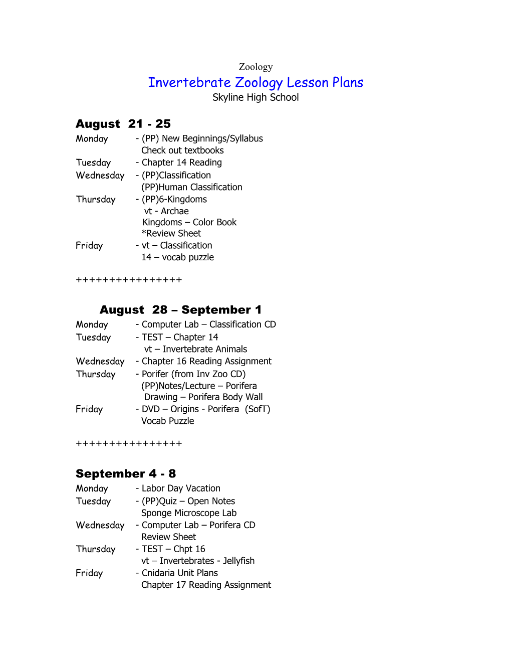 Invertebrate Zoology Lesson Plans