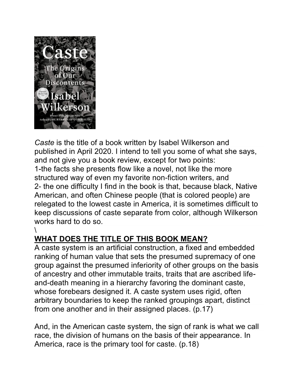 Caste Is the Title of a Book Written by Isabel Wilkerson and Published in April 2020