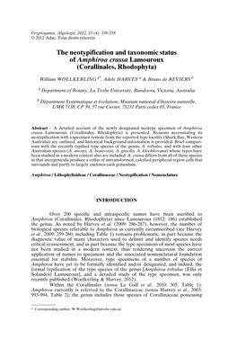 The Neotypification and Taxonomic Status of Amphiroa Crassa Lamouroux (Corallinales, Rhodophyta)