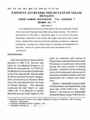 Eminent Ayurvedic Physicians of Nizam Dynasty Vi Nod Kumar Bhatnagar *S.A
