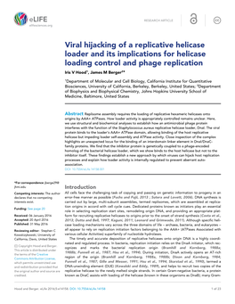 Viral Hijacking of a Replicative Helicase Loader and Its Implications for Helicase Loading Control and Phage Replication Iris V Hood1, James M Berger2*