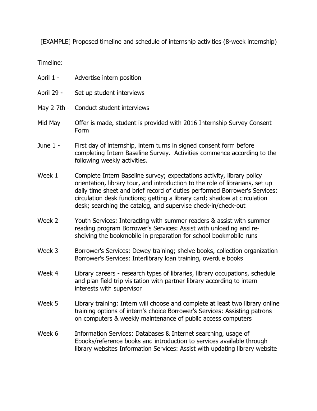 Proposed Timeline and Schedule of Internship Activities