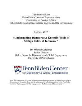 “Undermining Democracy: Kremlin Tools of Malign Political Influence”