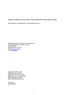 Helsinki Institute for Information Technology HIIT Annual Report 2003