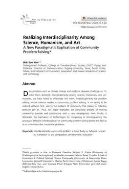 Realizing Interdisciplinarity Among Science, Humanism, and Art a New Paradigmatic Explication of Community Problem Solving*