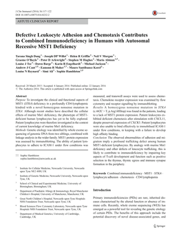 Defective Leukocyte Adhesion and Chemotaxis Contributes to Combined Immunodeficiency in Humans with Autosomal Recessive MST1 Deficiency