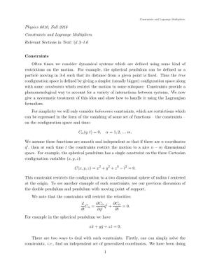 Physics 6010, Fall 2016 Constraints and Lagrange Multipliers. Relevant Sections in Text: §1.3–1.6