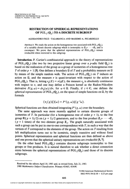 Restriction of Spherical Representations of Pgl2 (Q,) to a Discrete Subgroup