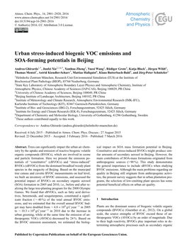 Urban Stress-Induced Biogenic VOC Emissions and SOA-Forming Potentials in Beijing