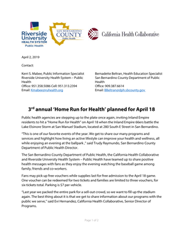 3Rd Annual 'Home Run for Health' Planned for April 18