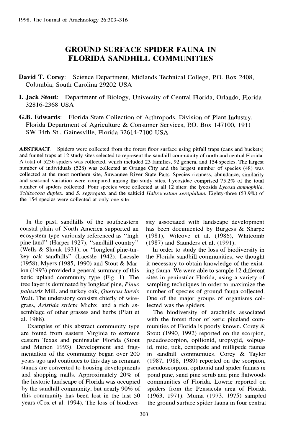 Ground Surface Spider Fauna in Florida Sandhill Communities