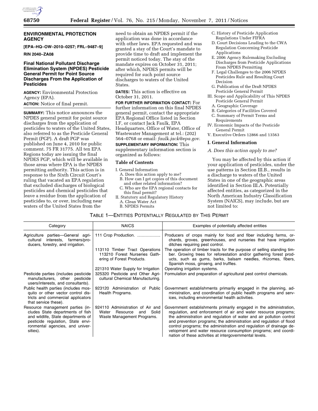 Federal Register Notice for the Final NPDES Pesticide General Permit