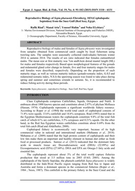 Reproductive Biology of Sepia Pharaonis Ehrenberg, 1831(Cephalopoda: Sepioidea) from the Suez Gulf (Red Sea), Egypt