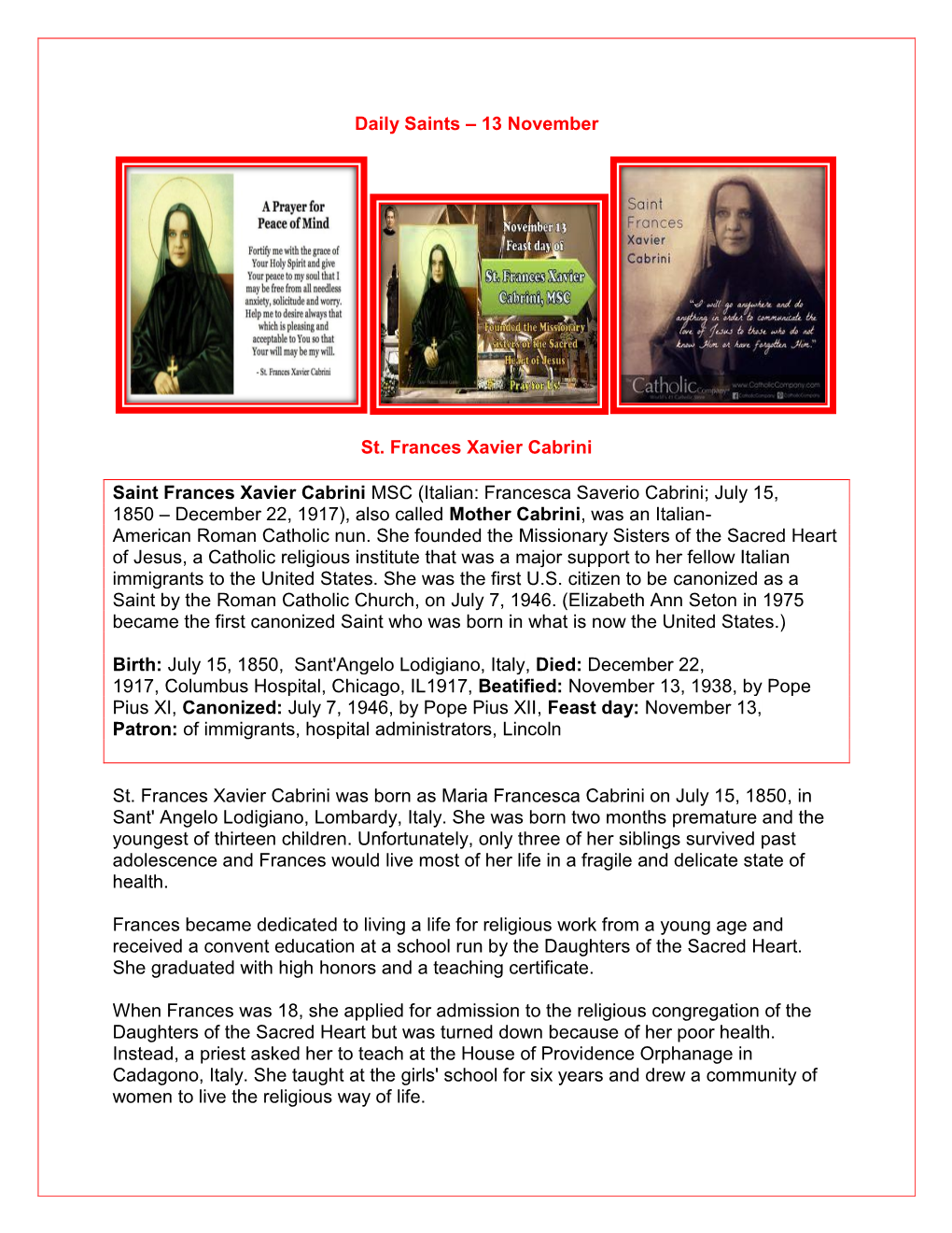 Daily Saints – 13 November St. Frances Xavier Cabrini Saint