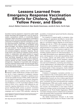 Lessons Learned from Emergency Response Vaccination Efforts for Cholera, Typhoid, Yellow Fever, and Ebola Jenny A