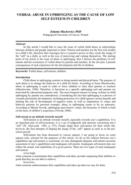 Verbal Abuse in Upbringing As the Cause of Low Self-Esteem in Children