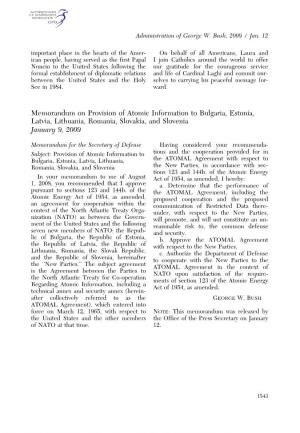Memorandum on Provision of Atomic Information to Bulgaria, Estonia, Latvia, Lithuania, Romania, Slovakia, and Slovenia January 9, 2009