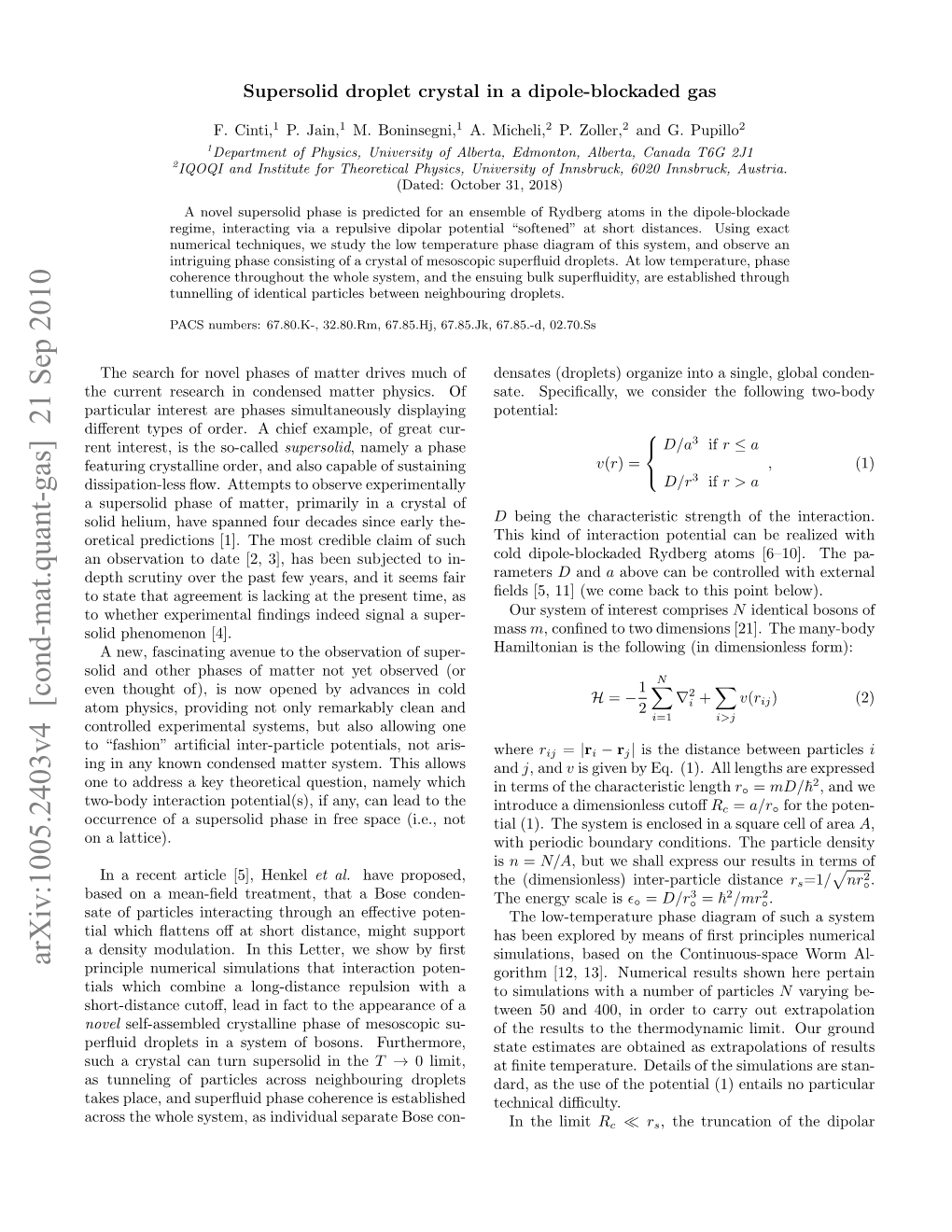 Arxiv:1005.2403V4 [Cond-Mat.Quant-Gas] 21 Sep 2010 Principle Numerical Simulations That Interaction Poten- Gorithm [12, 13]