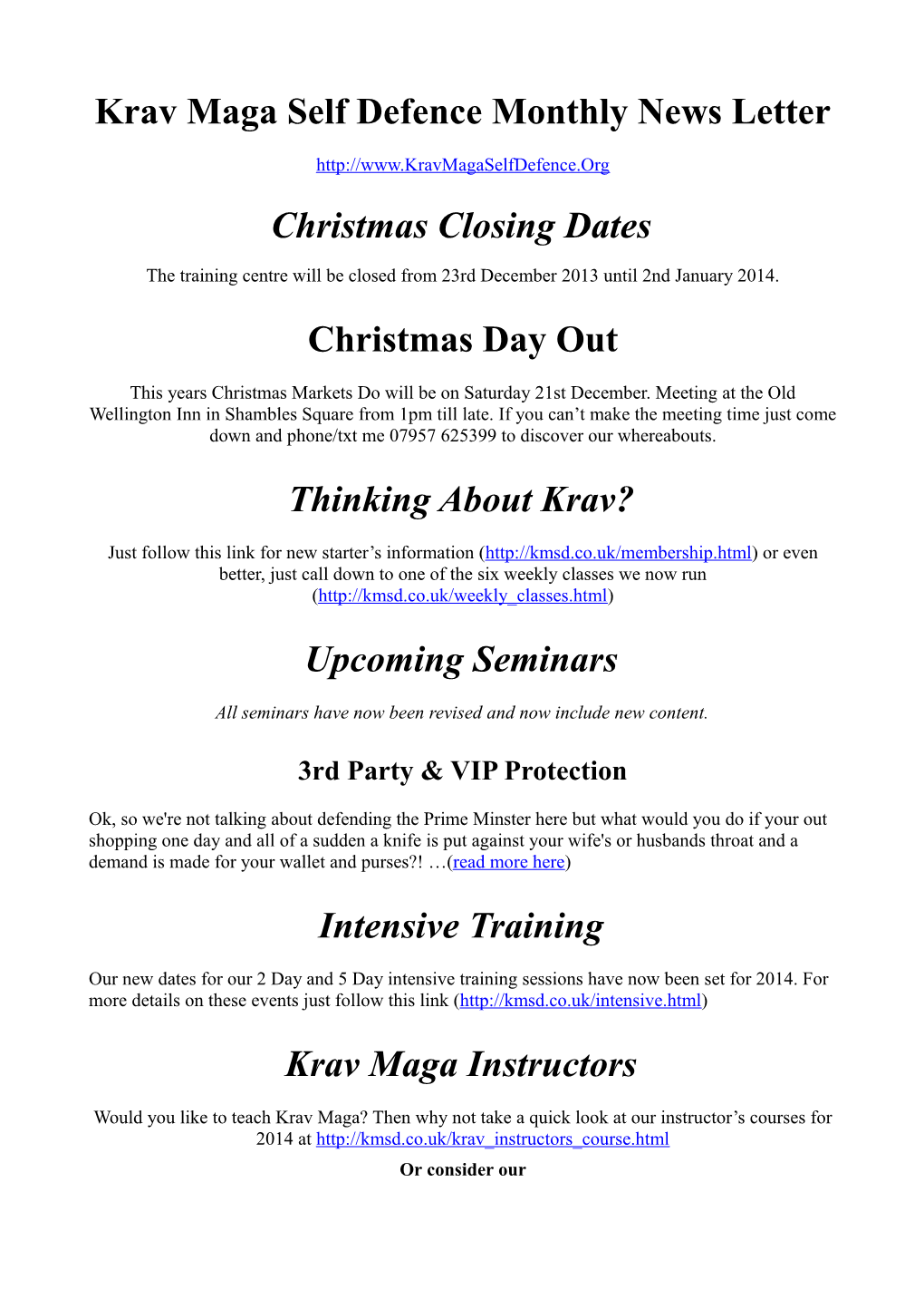 Krav Maga Self Defence Academy Monthly News Letter