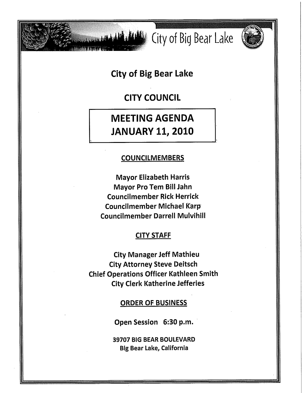 City of Big Bear Lake CITY COUNCIL MEETING AGENDA JANUARY 11