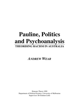 Pauline, Politics and Psychoanalysis: Theorising Racism in Australia