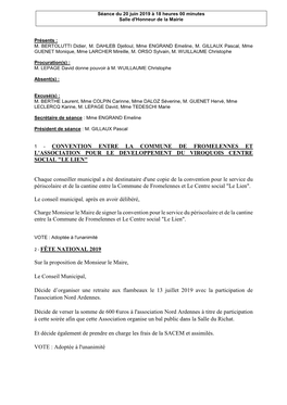 Convention Entre La Commune De Fromelennes Et L'association Pour Le Developpement Du Viroquois Centre Social "Le Lien"