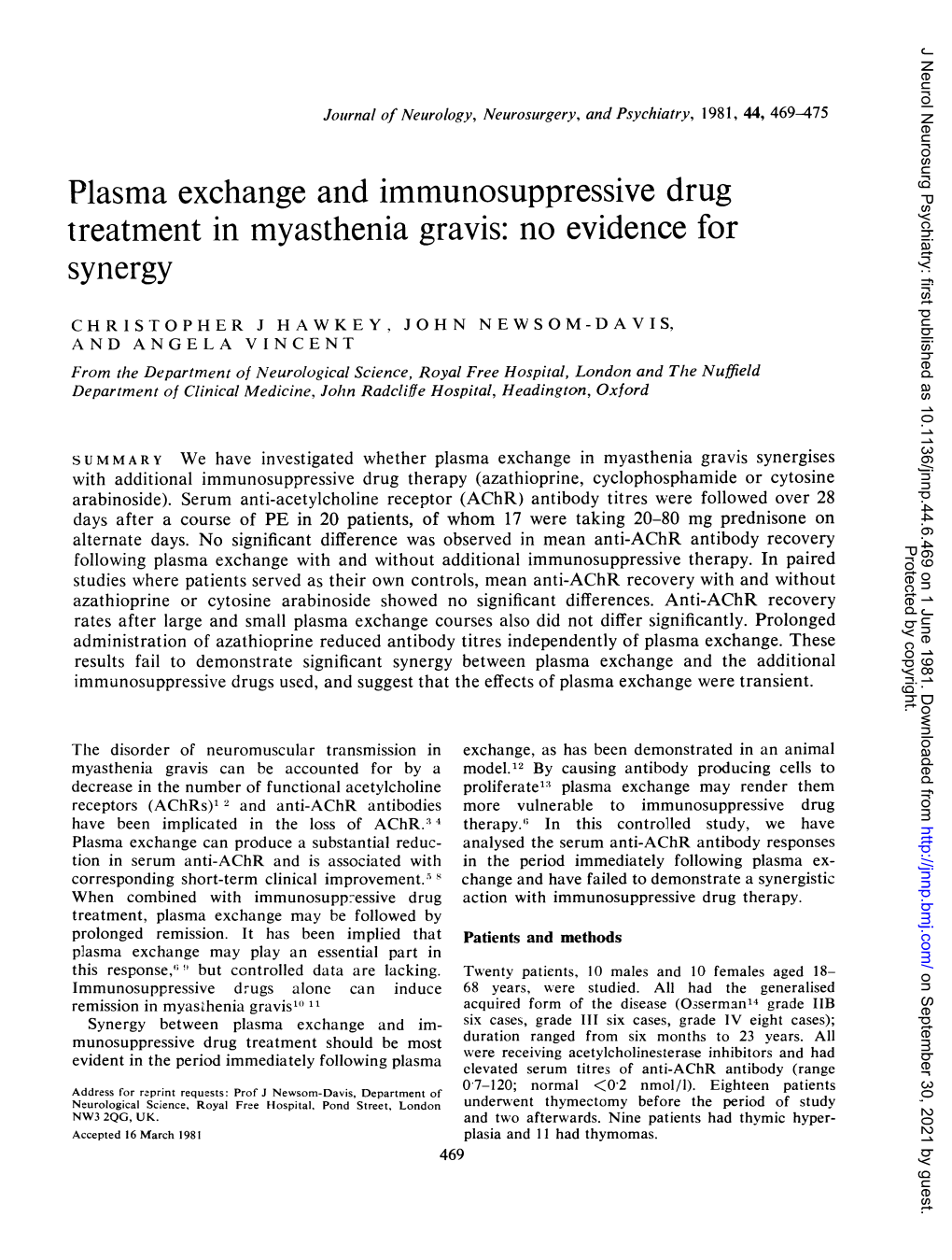 Plasma Exchange and Immunosuppressive Drug Treatment in Myasthenia Gravis: No Evidence for Synergy